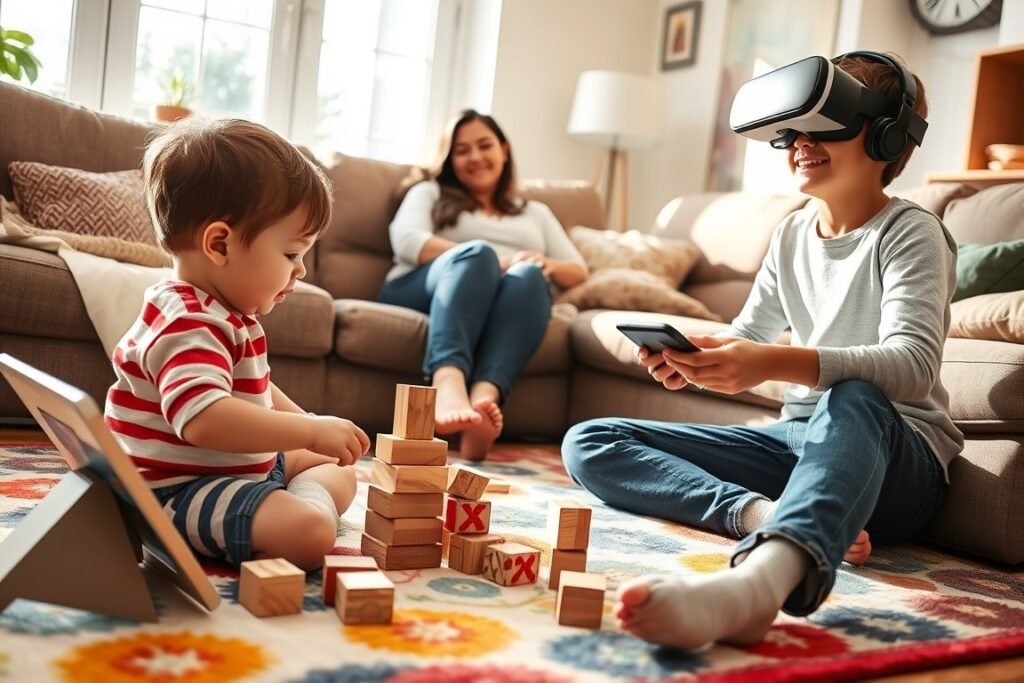 A child joyfully plays with a toy while a family observes affectionately in the background.