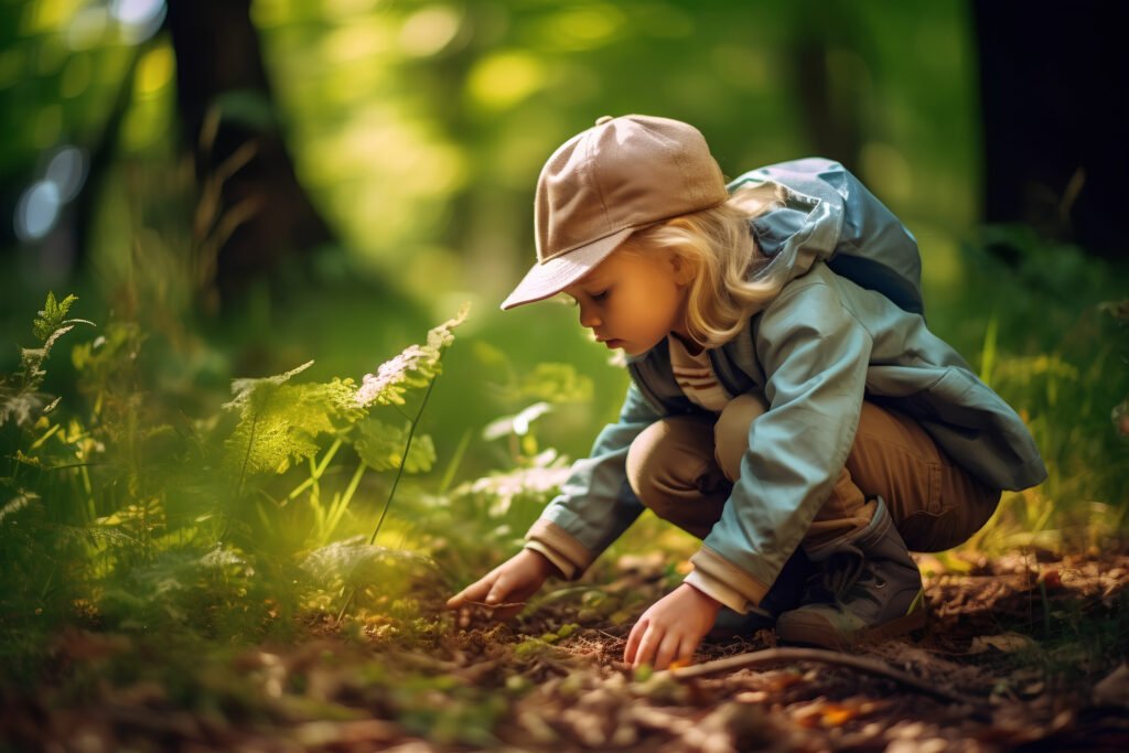 A little girl in a hat and jacket gently picks up a small plant from the ground, smiling with curiosity.