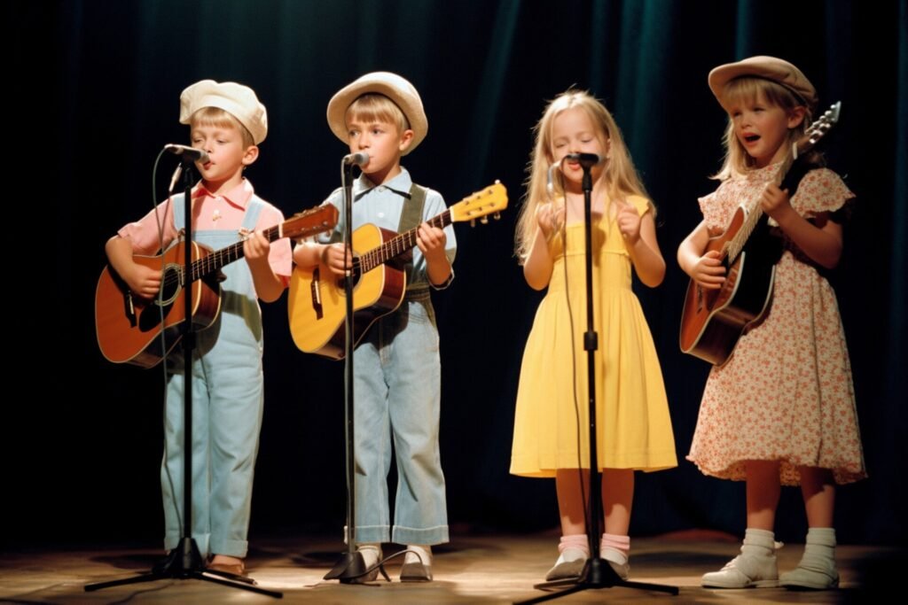 children are singing and playing instruments on a stage.