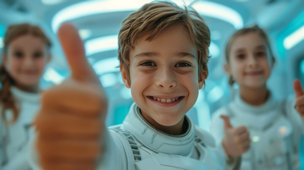 A young boy wearing a blue lab coat smiles and gives a thumbs up while participating in a science experiment.