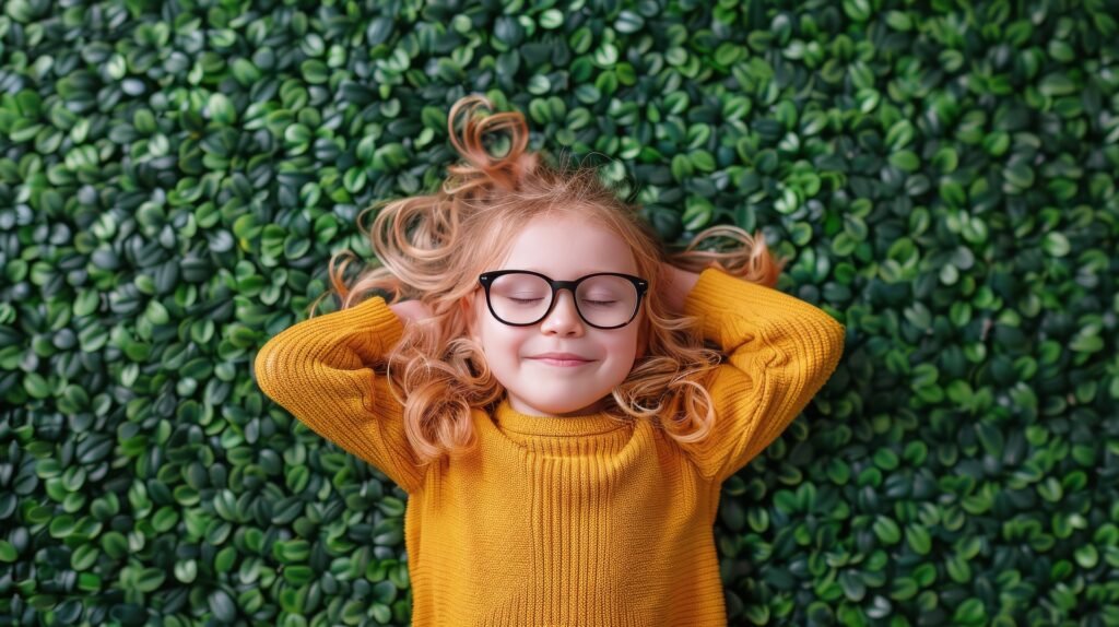 A little girl in glasses and a yellow sweater relaxes on lush green grass, enjoying a sunny day outdoors.