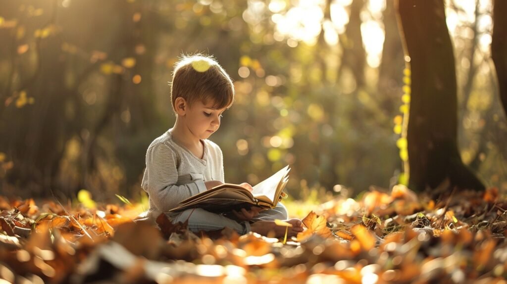 A young boy sits on the forest floor, engrossed in a book surrounded by tall trees and dappled sunlight.
 BEST Teacher Training Institute in Mumbai Borivali