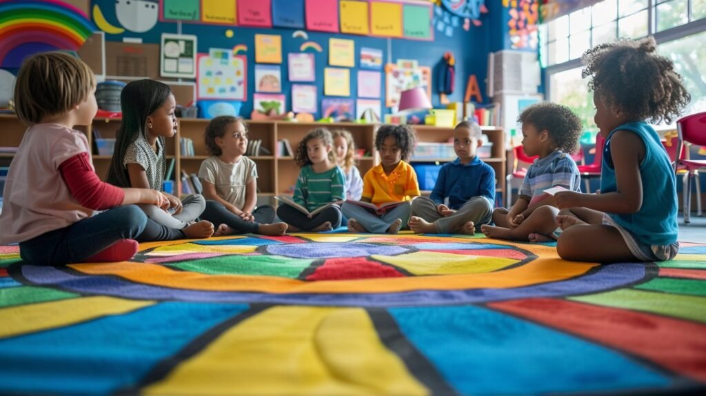 A group of children seated on a colorful rug, actively participating in classroom activities.

 BEST Teacher Training Institute in Mumbai Borivali