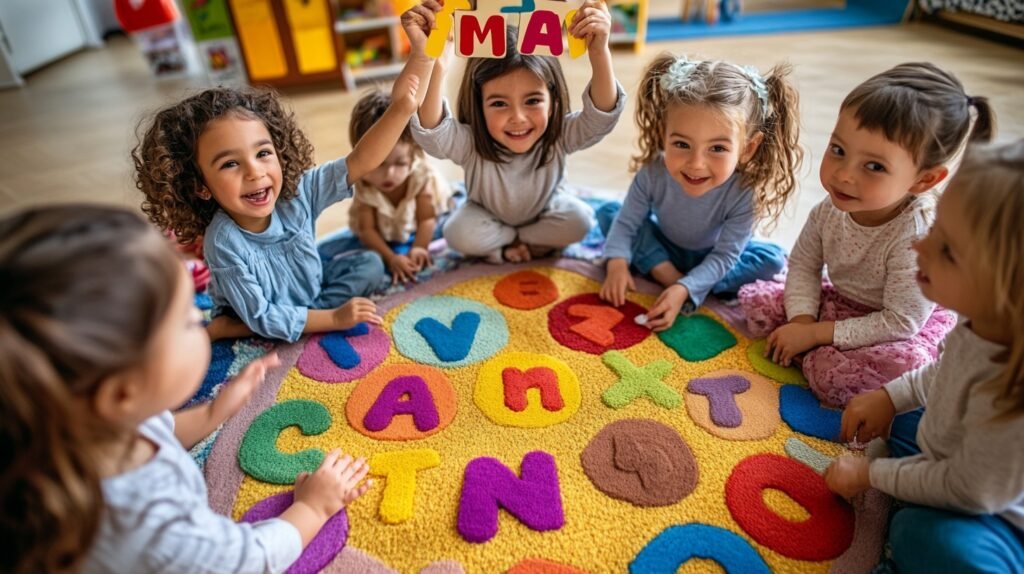 A group of children joyfully playing on a floor adorned with letters and numbers, promoting educational fun.