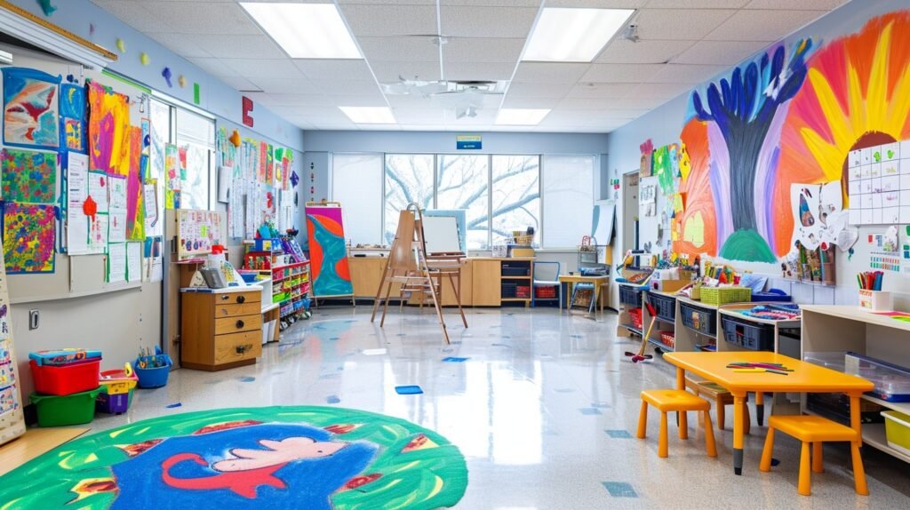 A vibrant room filled with various toys and a table, creating a playful and inviting atmosphere for children.