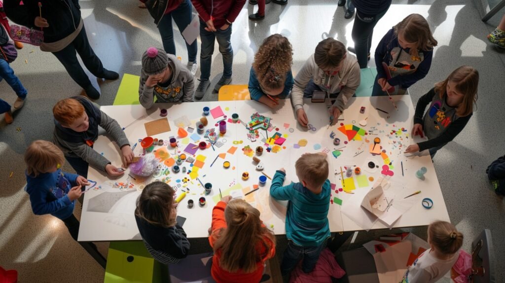 Children collaborating at a table, surrounded by sheets of paper, showcasing their creativity and teamwork.