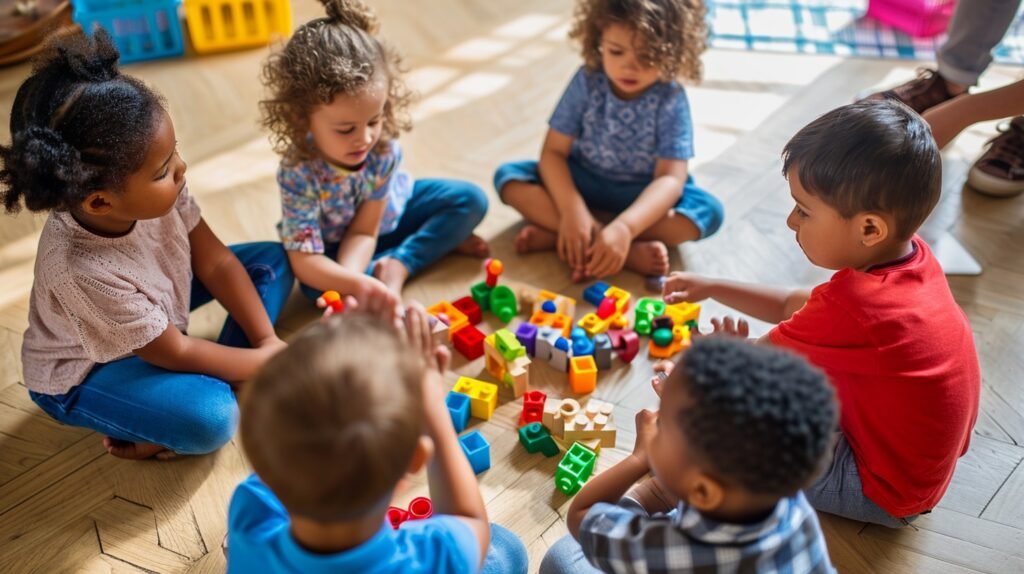 Children joyfully playing with colorful blocks on the floor, engaging in creative building activities together.