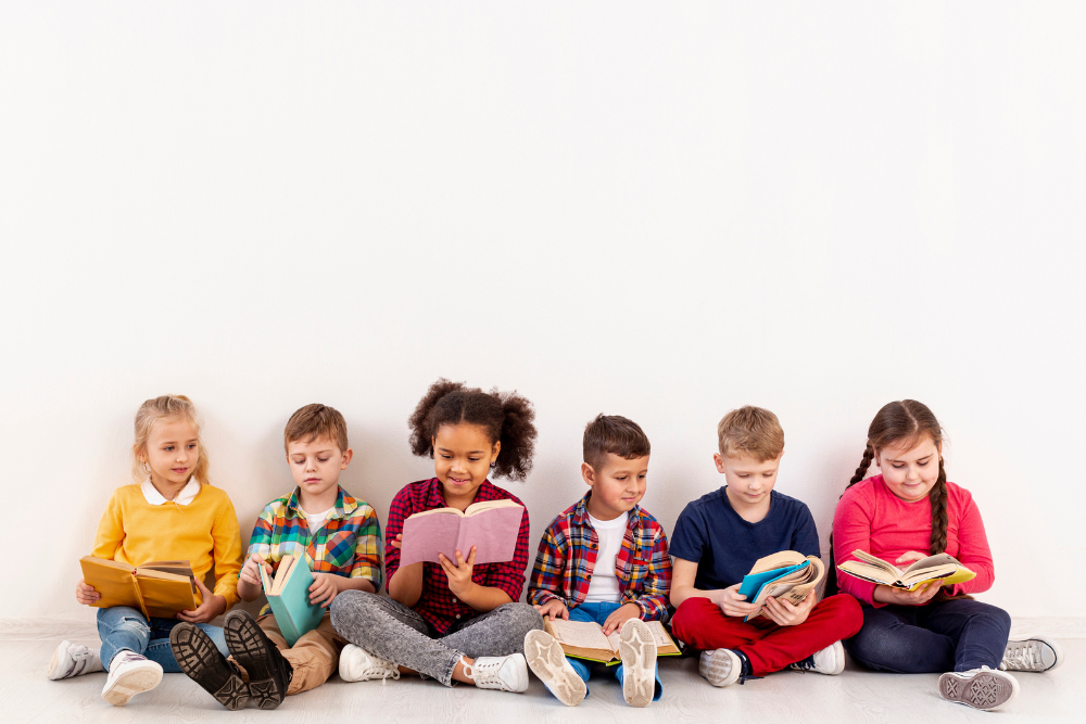 group of kid's reading books . 