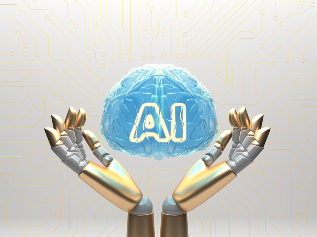 ai as a brain, holds robot hands.








