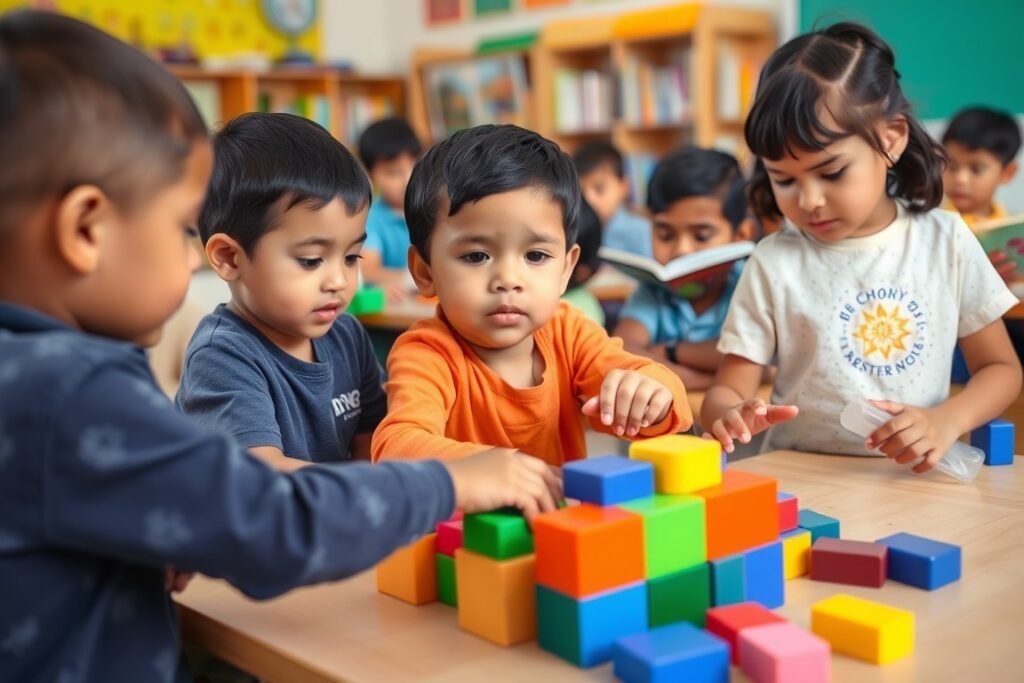 A boy in an orange shirt is arranging blocks, and his friends are helping him.