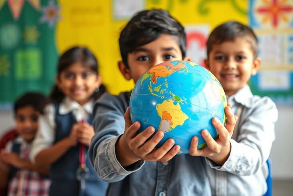 school kids holding globe in hands.
 