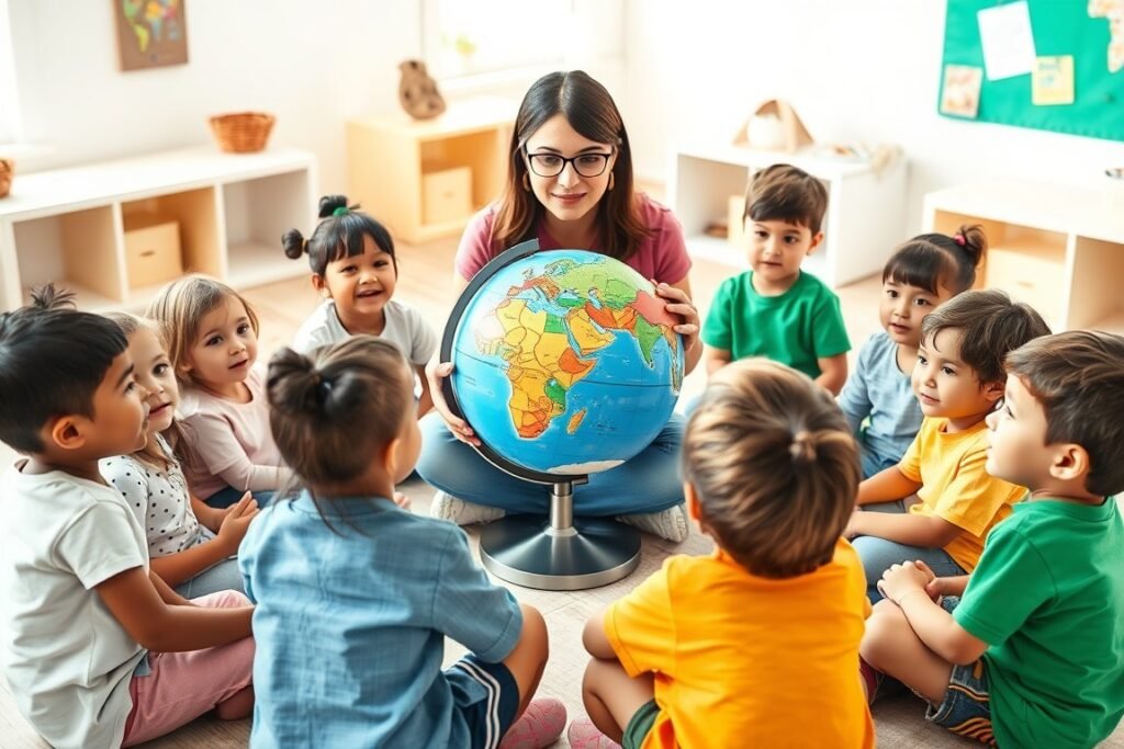 Classroom scene: Diverse children learning about the world.