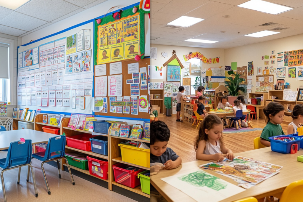 A classroom scene featuring children at desks and tables, with two distinct images combined into one frame.