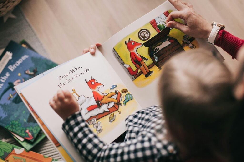 child reading a story book.